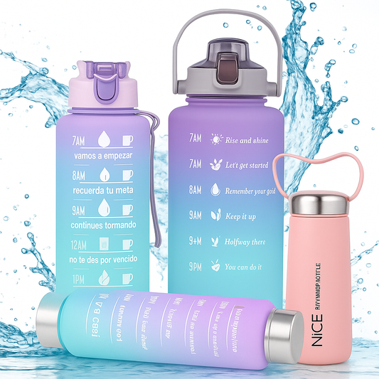 Wizzle,Set of 4 Motivational Water Bottle, Sipper Bottle for Adults with 2 litre, 700ml, 280ml,(400ml bottle FREE), Airtight & Spill-Proof, Lavender & Blue, 100% Recyclable Plastic (PETG)